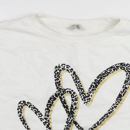 New Look Womens White Cotton Pullover Sweatshirt Size L Pullover - Leopard detail Heart