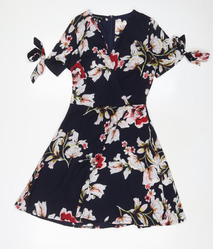 PARISIAN SIGNATURE Womens Blue Floral Polyester A-Line Size 8 V-Neck Zip