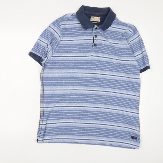 NORTH COAST' Mens Blue Striped Cotton Polo Size L Collared Button