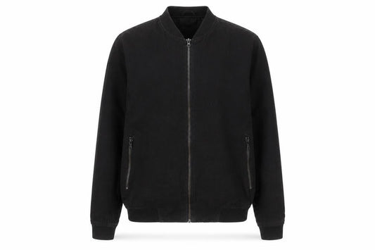 Front view of Topman unisex black bomber jacket, size S