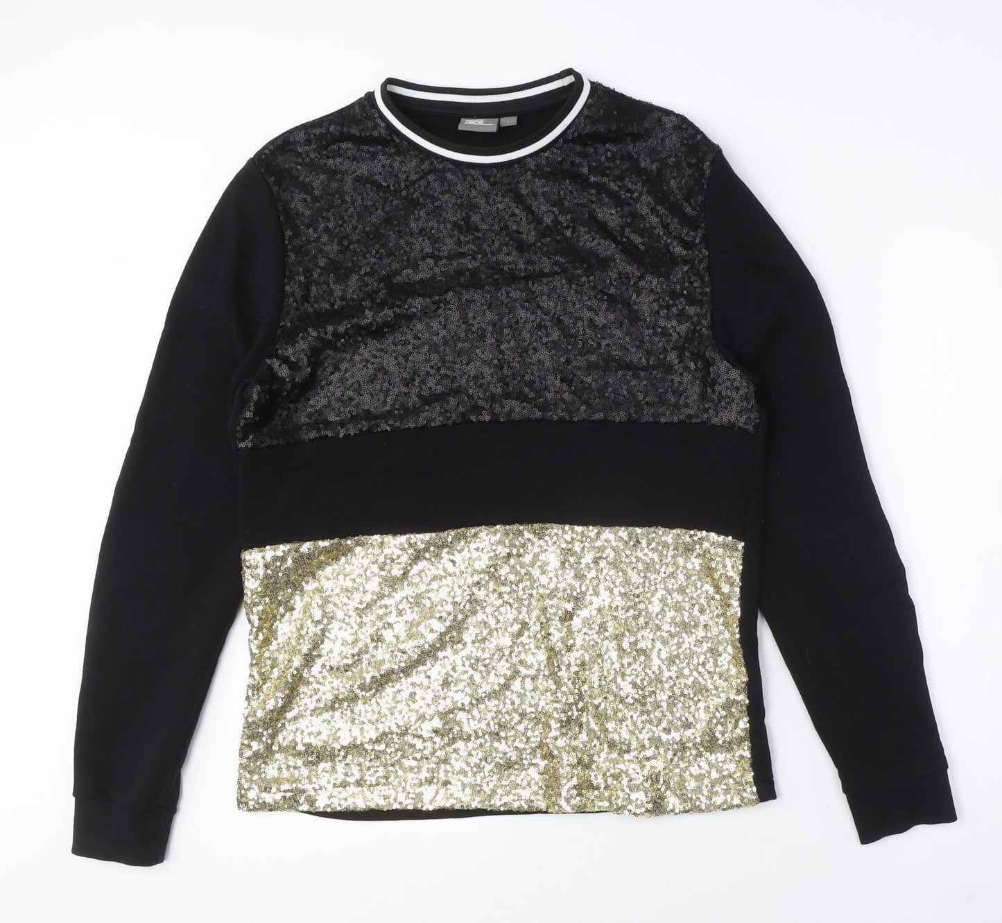 Women's Black Gold Sequin Pullover Sweatshirt, Size Regular