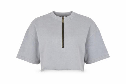 Front view of Missguided women’s grey cotton pullover sweatshirt, size UK 10, zip - cropped