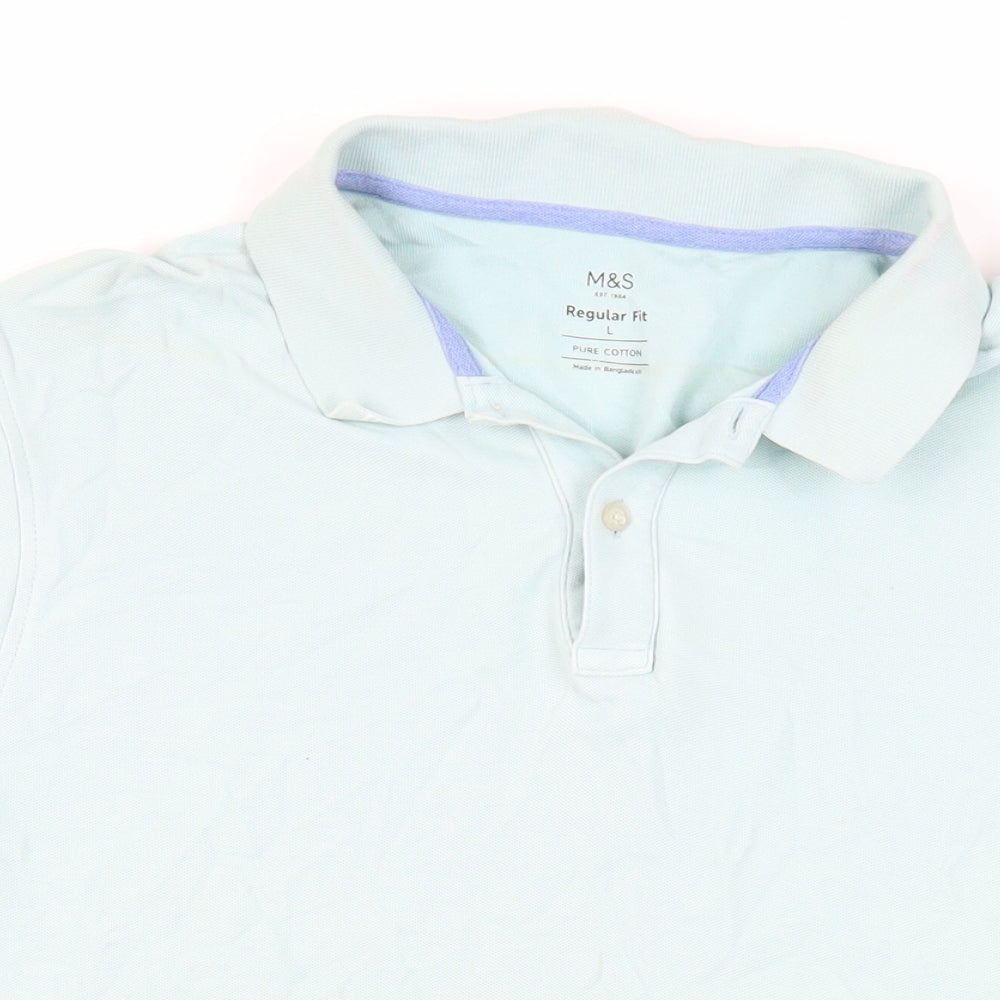 Marks and Spencer Mens Green Cotton Polo Size L Collared Button