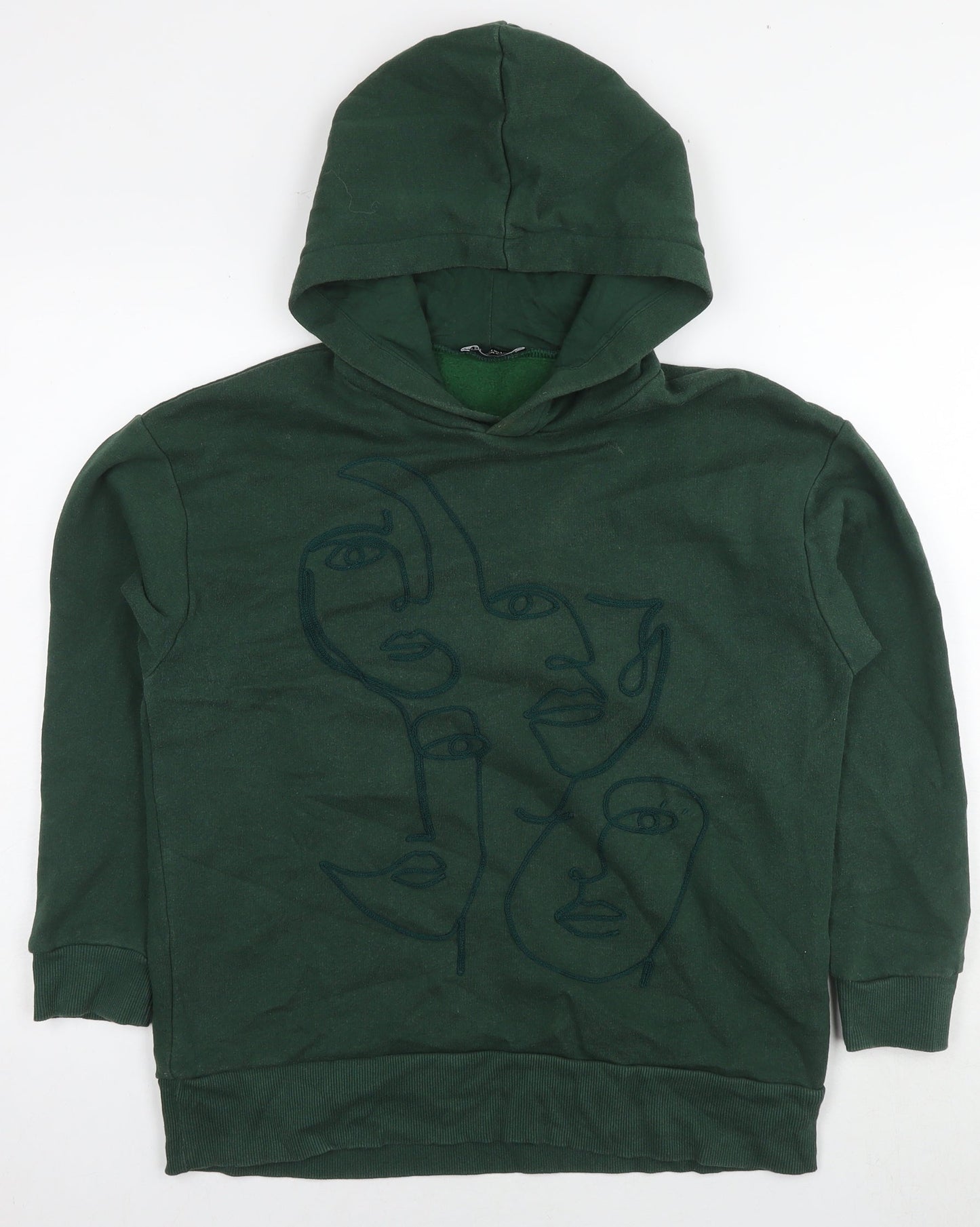 Zara Womens Green Cotton Pullover Hoodie Size S Pullover - Embraided face shapes