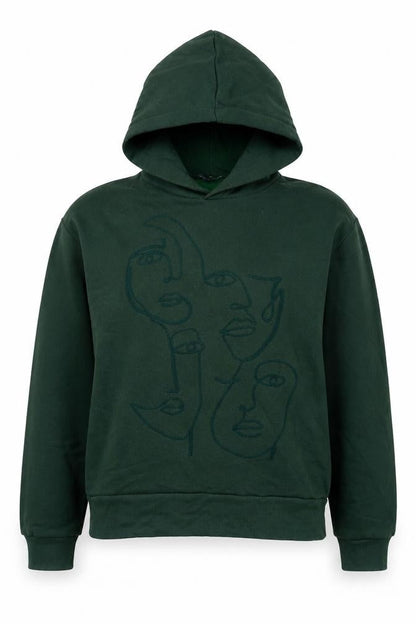 Zara Womens Green Cotton Pullover Hoodie Size S Pullover - Embraided face shapes