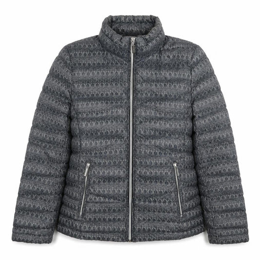 Front view of Etage women’s grey geometric puffer jacket jacket, size UK 8, zip