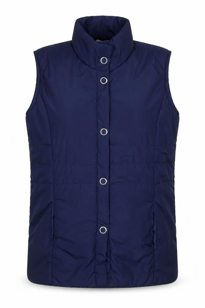 Front view of Anne de Lancey women’s blue gilet waistcoat, size UK 10, zip -, size UK 10-12
