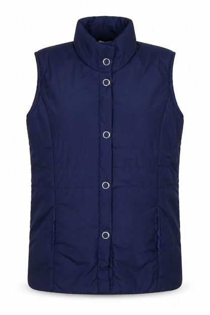 Front view of Anne de Lancey women’s blue gilet waistcoat, size UK 10, zip -, size UK 10-12