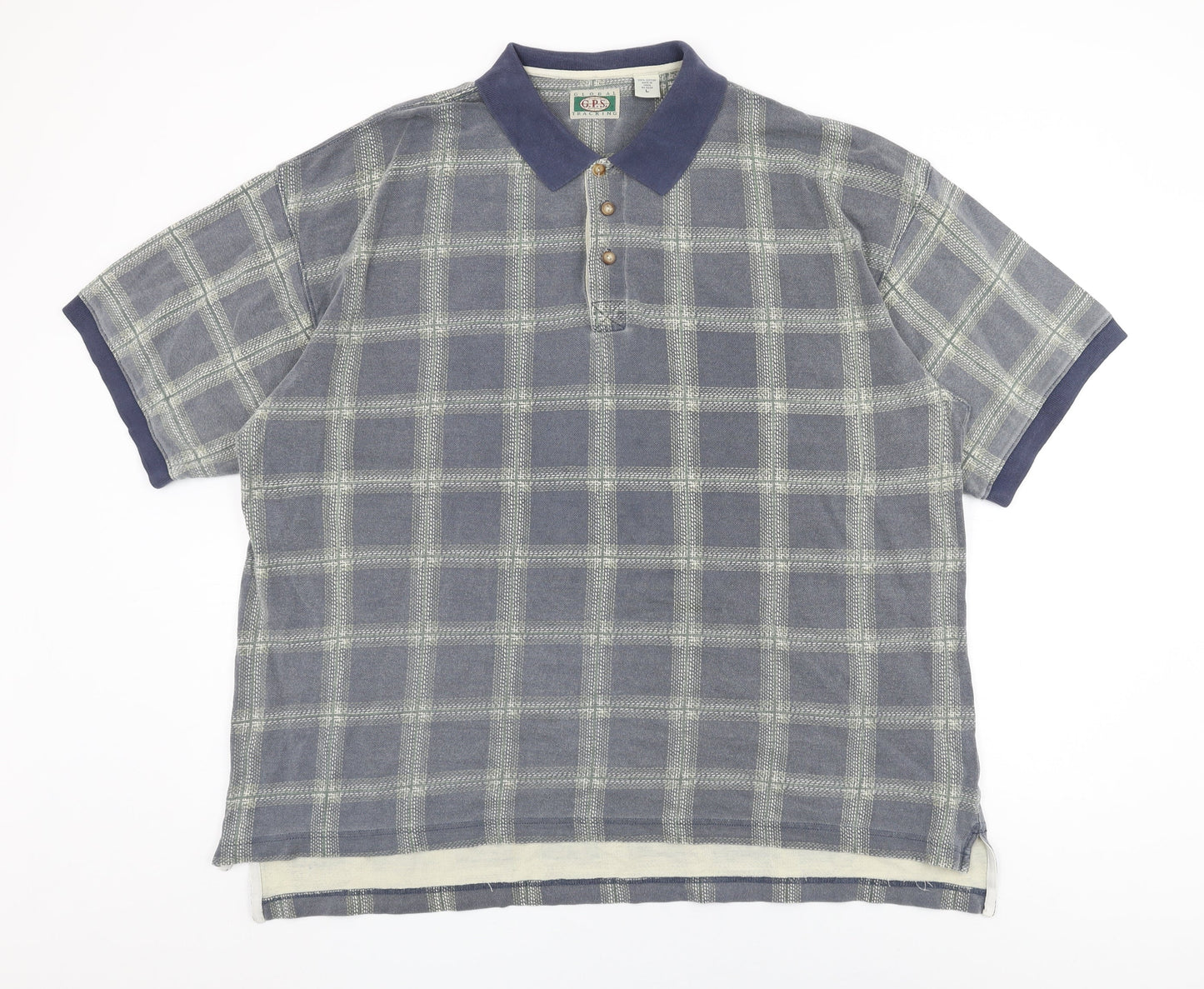 Global Tracking Mens Blue Plaid Cotton Polo Size L Collared Button