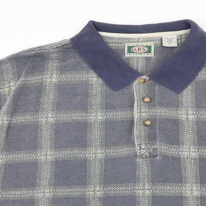 Global Tracking Mens Blue Plaid Cotton Polo Size L Collared Button