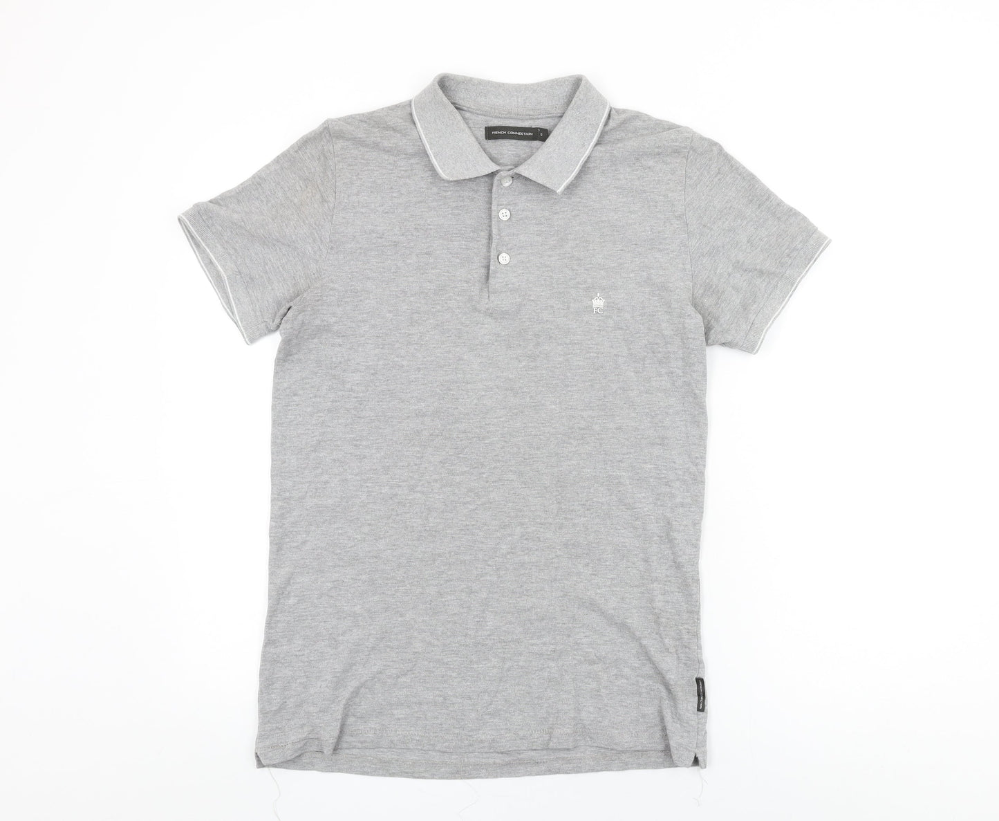 French Connection Mens Grey Cotton Polo Size S Collared Button