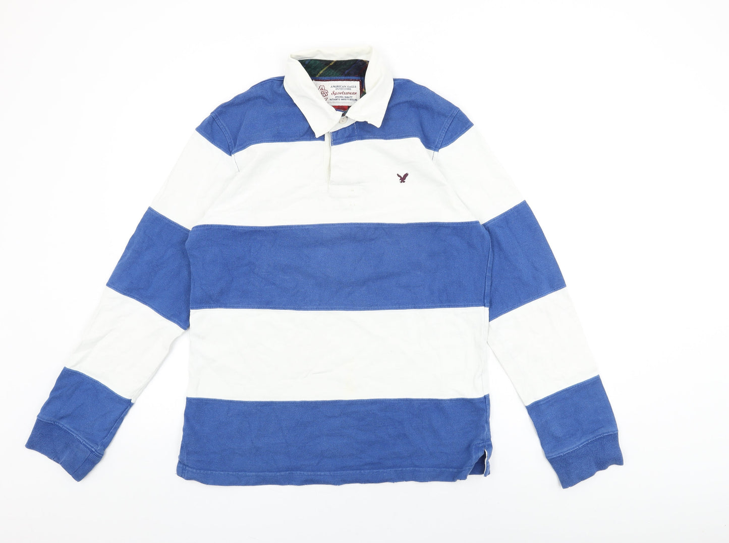 American Eagle Outfitters Mens White Striped Cotton Polo Size S Collared Button