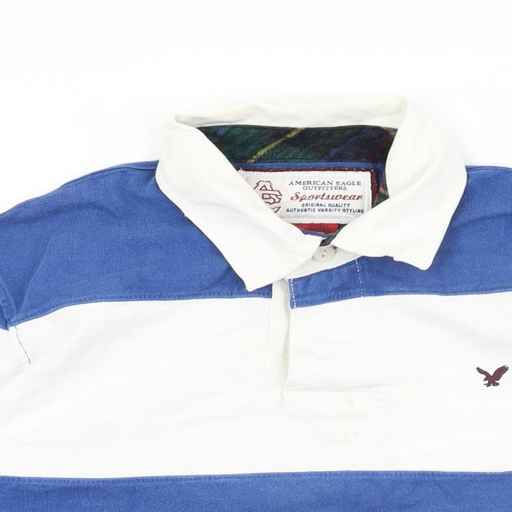 American Eagle Outfitters Mens White Striped Cotton Polo Size S Collared Button