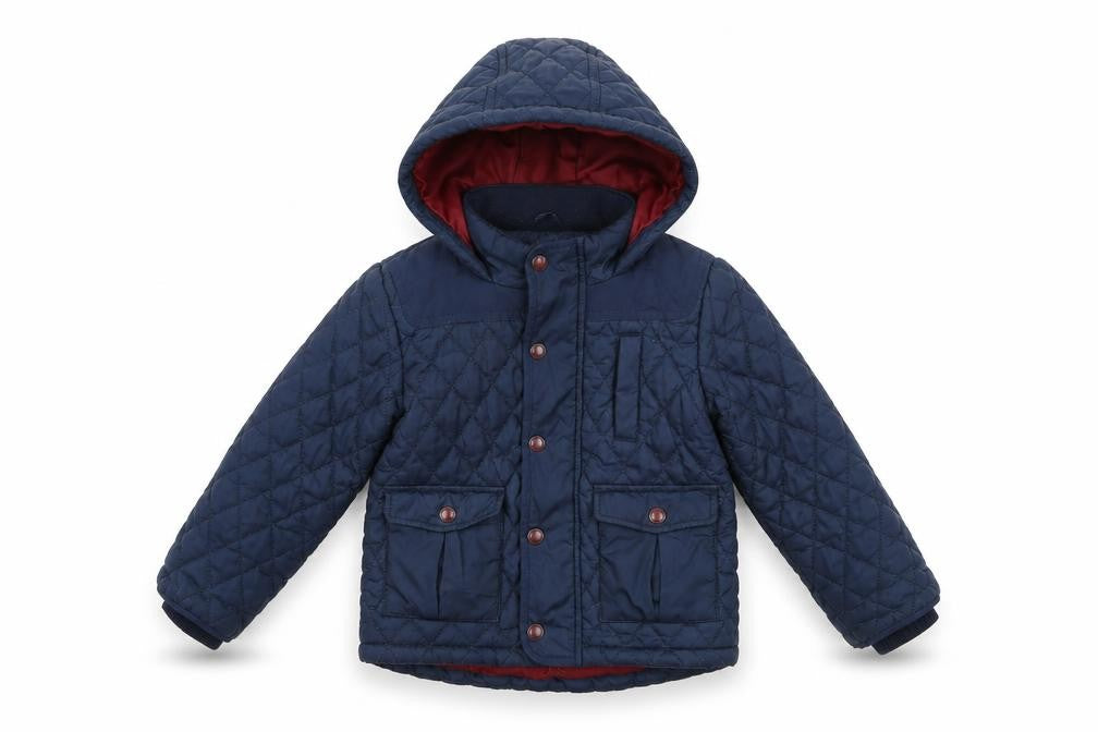 Front view of Marks & Spencer boys’ blue quilted coat, size 3-4, years zip
