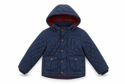 Front view of Marks & Spencer boys’ blue quilted coat, size 3-4, years zip