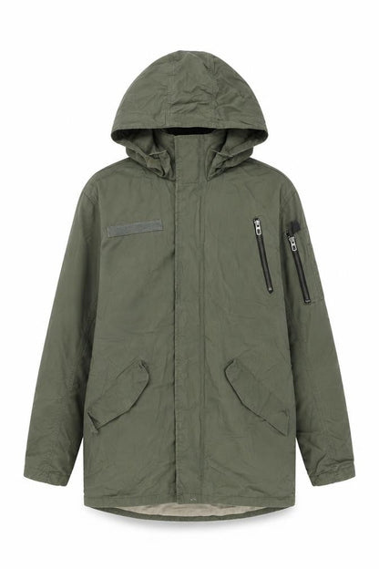 Front view of H&M boys’ green overcoat coat, size 13, years zip