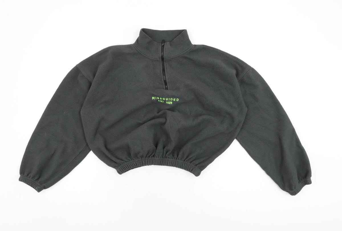 Additional front view of Missguided women’s grey polyester pullover sweatshirt, size UK 8, zip - missguided logo