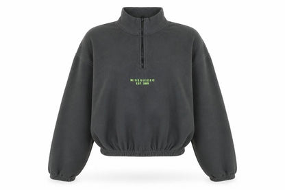 Front view of Missguided women’s grey polyester pullover sweatshirt, size UK 8, zip - missguided logo