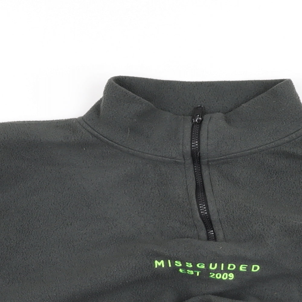 Close-up detail of Missguided women’s grey polyester pullover sweatshirt, size UK 8, zip - missguided logo
