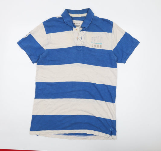 Lee Cooper Mens Blue Striped Cotton Polo Size L Collared Button