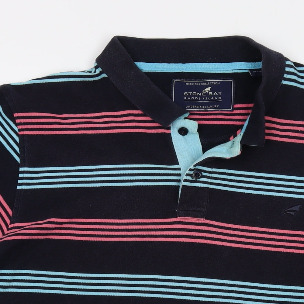 Stone Bay Mens Blue Striped Cotton Polo Size M Collared Button