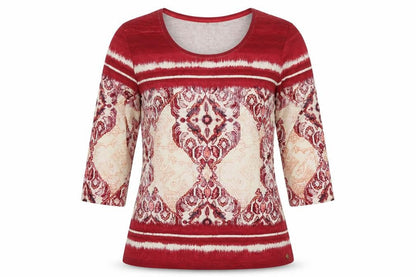 Olsen Womens Red Geometric Cotton Basic T-Shirt Size 18 Round Neck