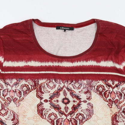 Olsen Womens Red Geometric Cotton Basic T-Shirt Size 18 Round Neck
