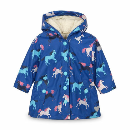 Front view of Hatley blu girls’ gold rain coat coat, size 2, years snap