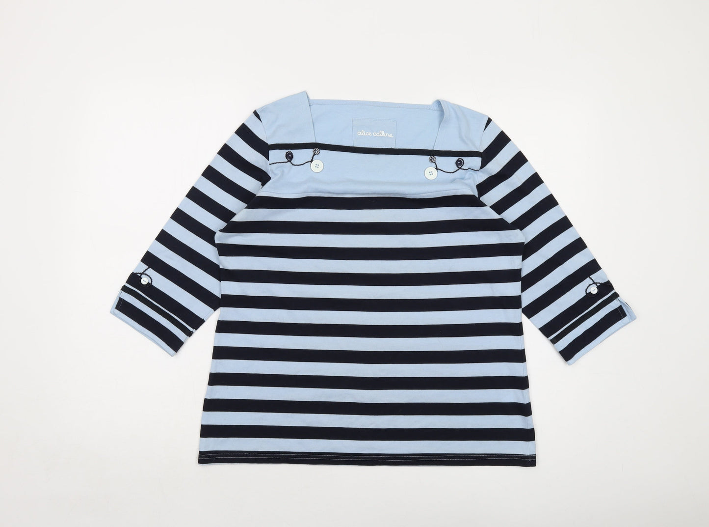 Alice Collins Womens Blue Striped Cotton Basic T-Shirt Size 12 Square Neck
