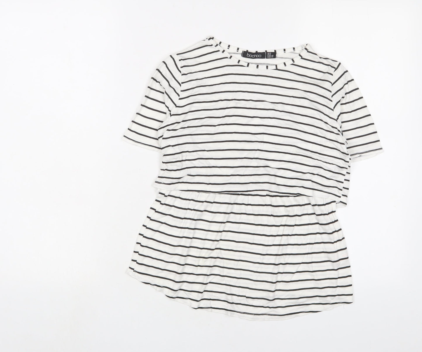 Boohoo Womens White Striped Viscose Basic T-Shirt Size 8 Crew Neck