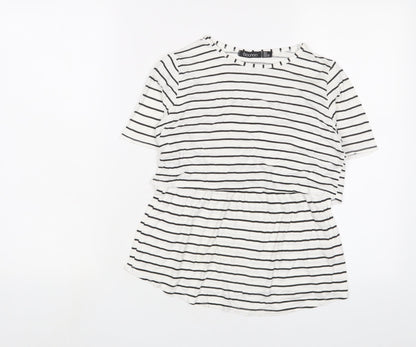 Boohoo Womens White Striped Viscose Basic T-Shirt Size 8 Crew Neck