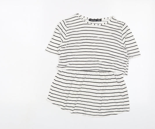 Boohoo Womens White Striped Viscose Basic T-Shirt Size 8 Crew Neck