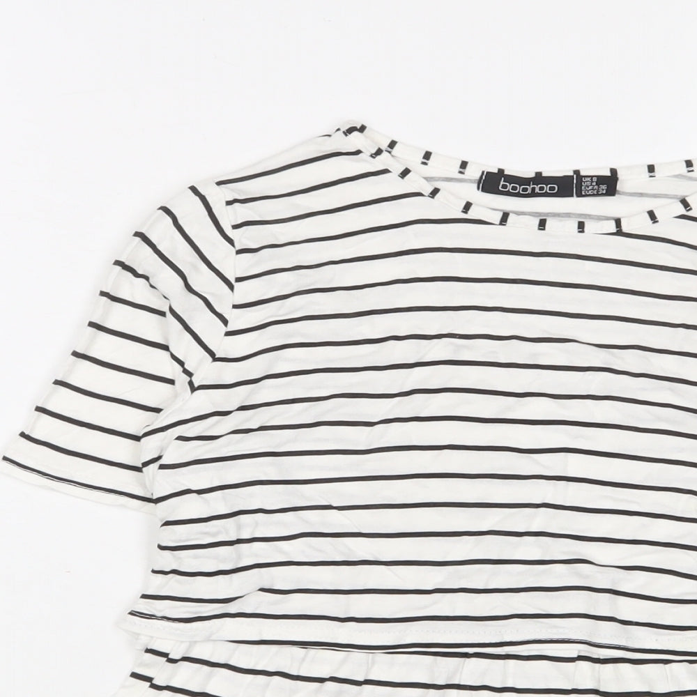 Boohoo Womens White Striped Viscose Basic T-Shirt Size 8 Crew Neck