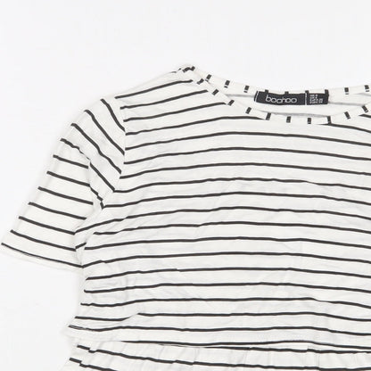 Boohoo Womens White Striped Viscose Basic T-Shirt Size 8 Crew Neck