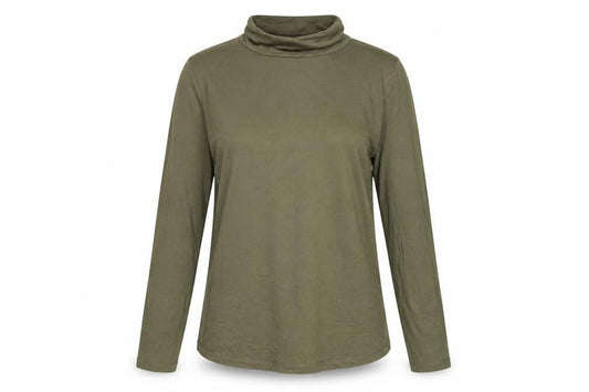 Front view of ASOS women’s green viscose basic t-shirt, size UK 10, roll neck