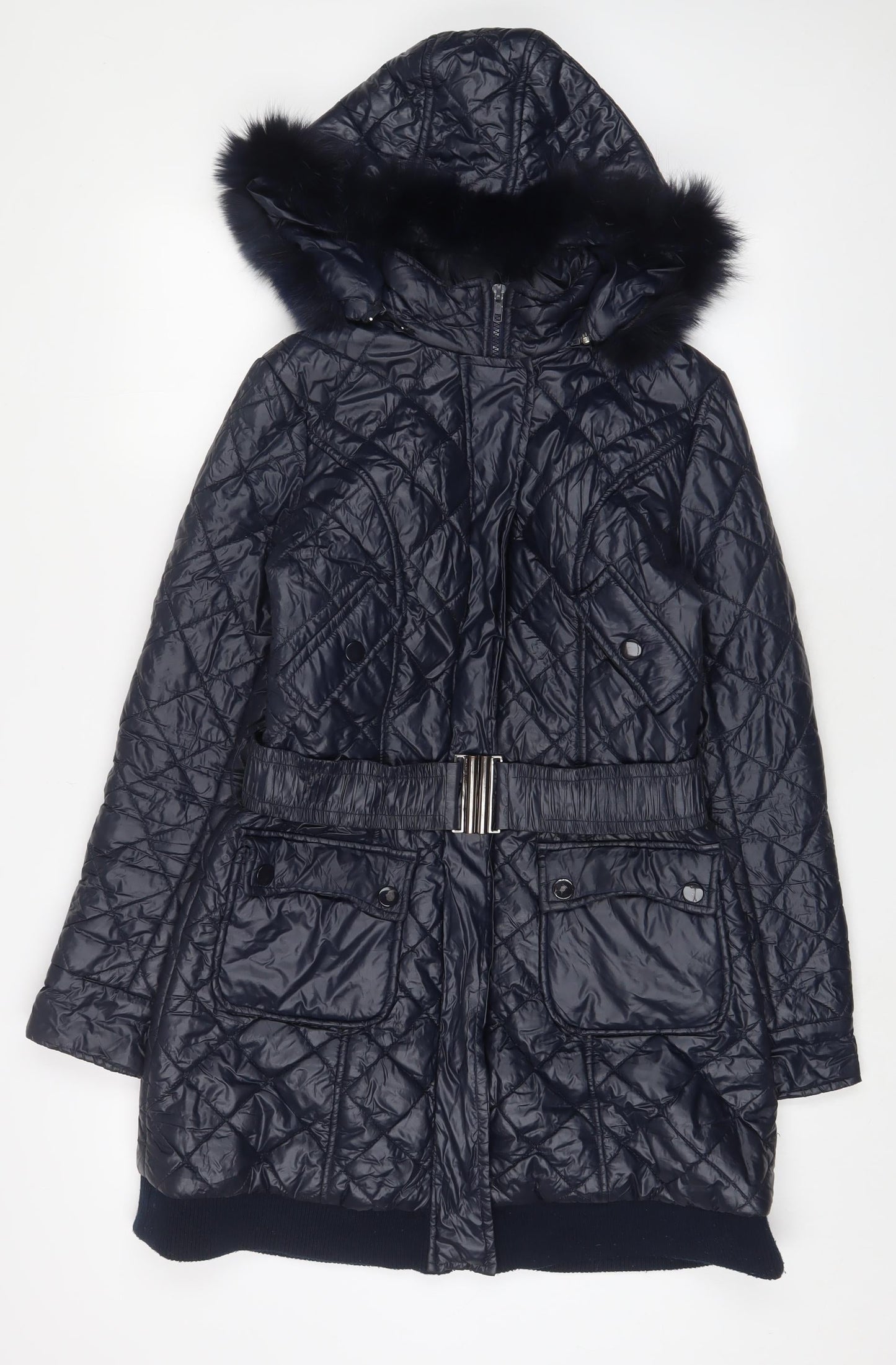 Jimika Womens Blue Quilted Coat Size S Zip - Belted