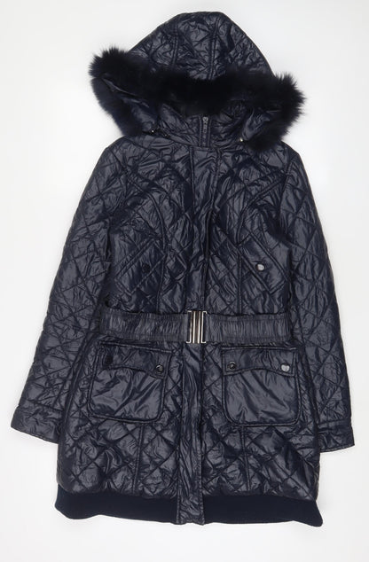 Jimika Womens Blue Quilted Coat Size S Zip - Belted