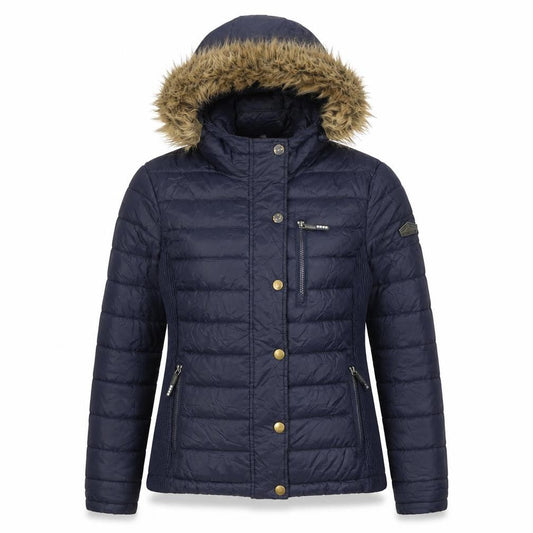 Women's Blue Puffer Jacket with Fur Hood - Medium