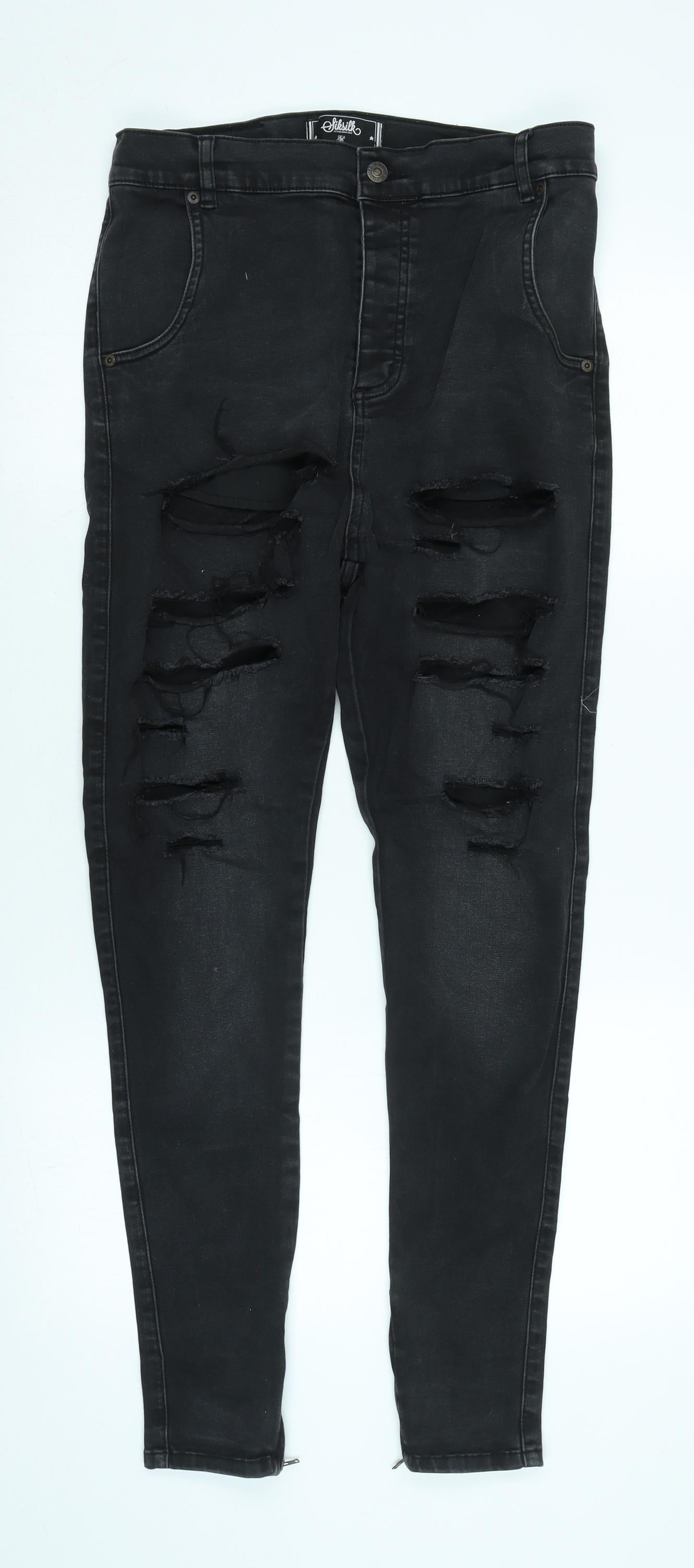 silksilk Womens Black Cotton Blend Tapered Jeans Size L L29 in Regular Zip - Zip detail to legs