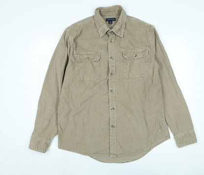 Additional front view of Lands End men’s beige cotton blend button-up, size M, collared button