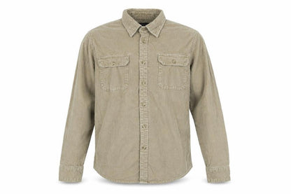 Front view of Lands End men’s beige cotton blend button-up, size M, collared button