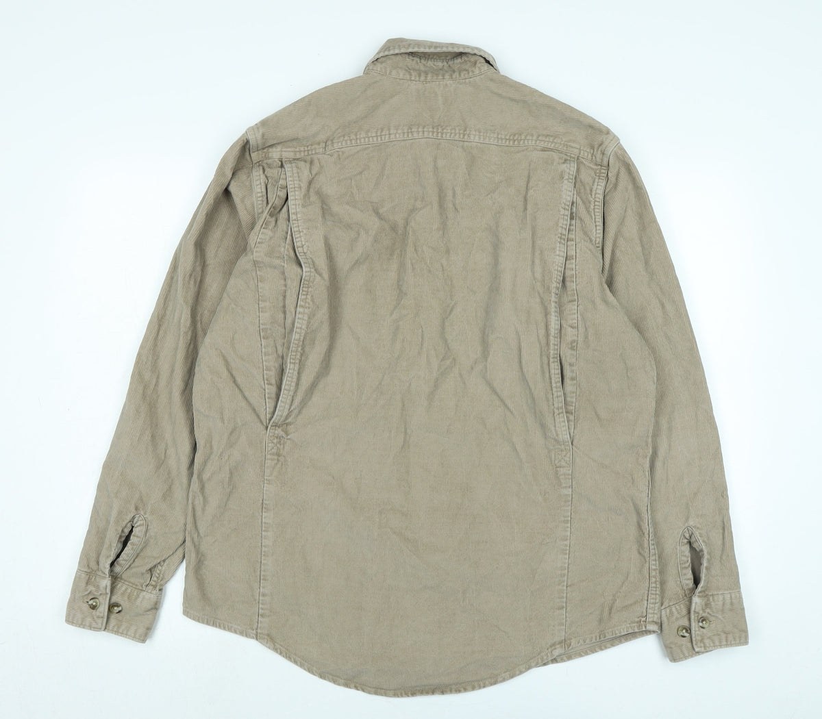 Back view of Lands End men’s beige cotton blend button-up, size M, collared button