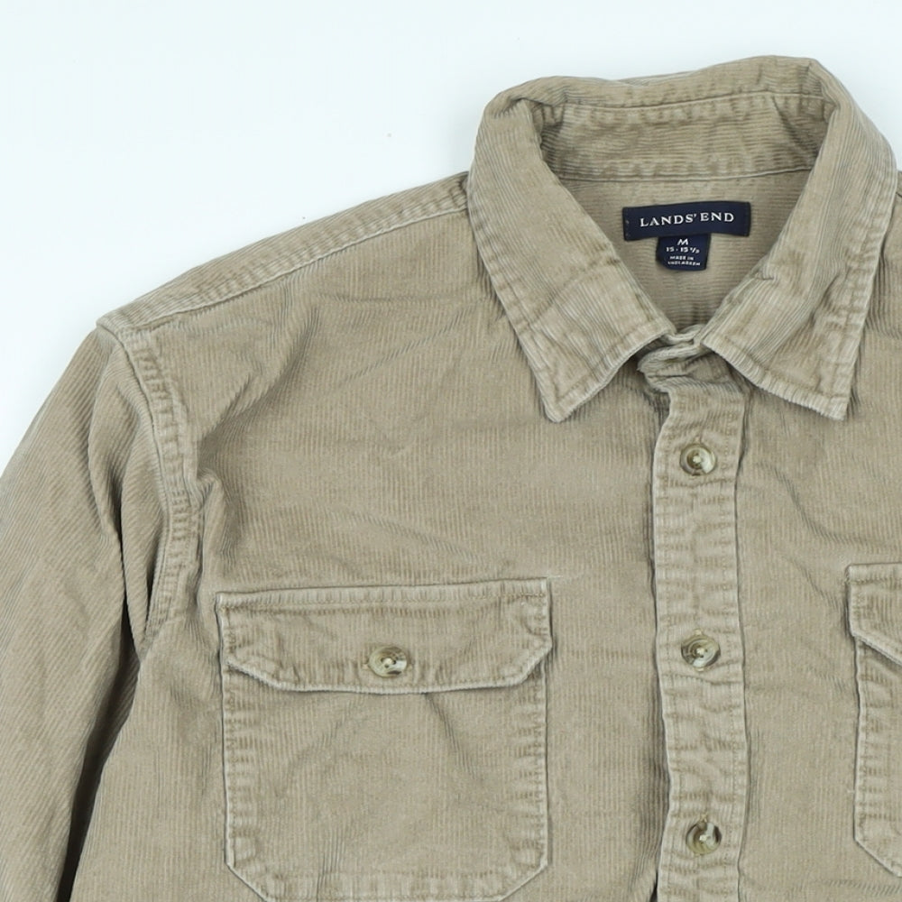 Close-up detail of Lands End men’s beige cotton blend button-up, size M, collared button