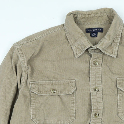 Close-up detail of Lands End men’s beige cotton blend button-up, size M, collared button