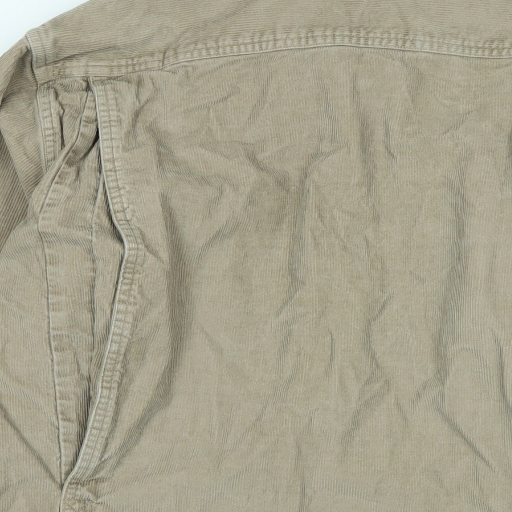 Brand and care label for Lands End men’s beige cotton blend button-up, size M, collared button