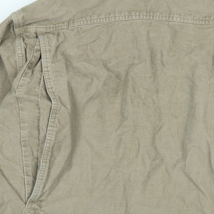 Brand and care label for Lands End men’s beige cotton blend button-up, size M, collared button