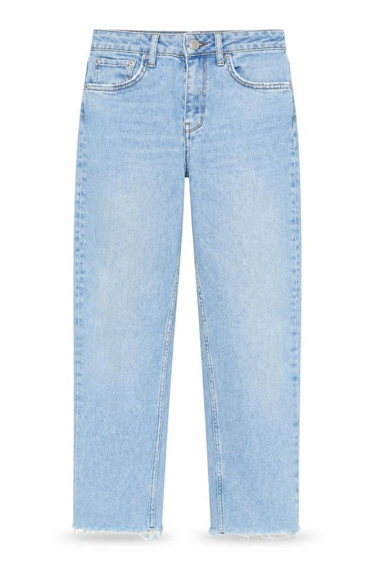Front view of BDG women’s blue cotton straight jeans, size UK 27, in, 25-inch leg regular zip - raw hem -logo