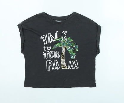 NEXT Girls Grey Cotton Basic T-Shirt Size 8 Years Crew Neck - Talk to the palm - Sequins