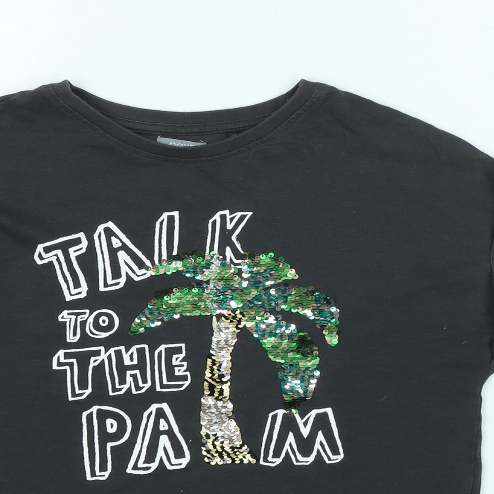 NEXT Girls Grey Cotton Basic T-Shirt Size 8 Years Crew Neck - Talk to the palm - Sequins