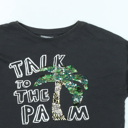 NEXT Girls Grey Cotton Basic T-Shirt Size 8 Years Crew Neck - Talk to the palm - Sequins